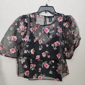 Forever 21 Black Sheer Floral Puff Sleeve Blouse By Forever 21  Size L